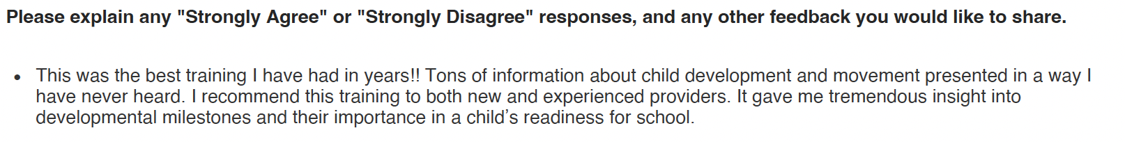 Text feedback on child development training praising its insights and recommending it for providers, highlighting developmental milestones and school readiness.