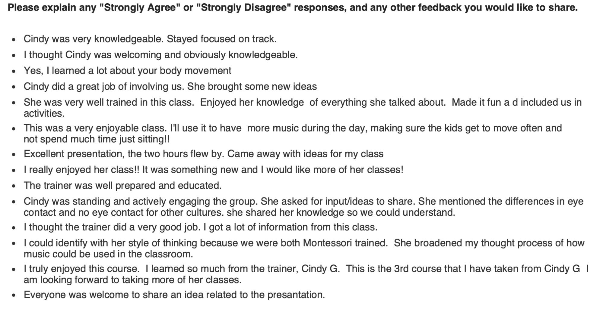 Feedback comments on a presentation are displayed, highlighting positive experiences and appreciation for the trainer's knowledge and class engagement.