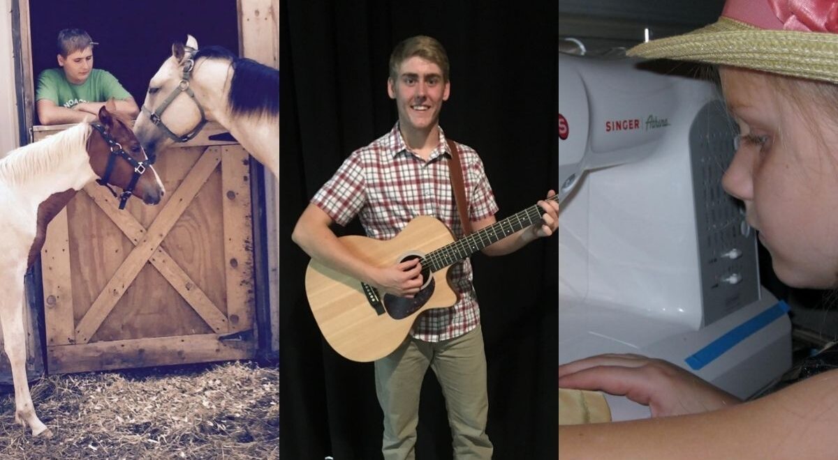A boy pets a horse, a young man plays an acoustic guitar, and a child in a pink hat uses a sewing machine.